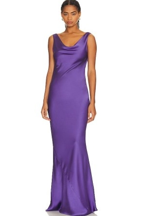 Norma Kamali Deep Drape Neck Gown Purple ~ silky sleeveless gowns ~ draped back and font maxi dresses ~ slinky long length cowl neck slip dress ~ elegant evening occasion clothing