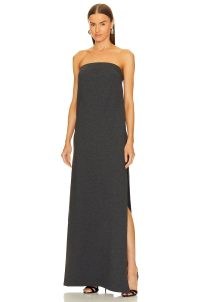 Norma Kamali Strapless Tailored Terry Side Slit Gown Dark Heather Grey ~ jersey side split evening gowns ~ bandeau maxi dresses ~ minimalist look occasion dress ~ chic event clothes