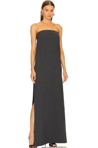 Norma Kamali Strapless Tailored Terry Side Slit Gown Dark Heather Grey ~ jersey side split evening gowns ~ bandeau maxi dresses ~ minimalist look occasion dress ~ chic event clothes - flipped