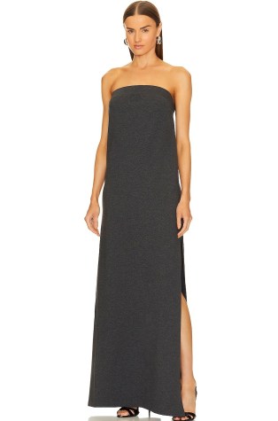 Norma Kamali Strapless Tailored Terry Side Slit Gown Dark Heather Grey ~ jersey side split evening gowns ~ bandeau maxi dresses ~ minimalist look occasion dress ~ chic event clothes