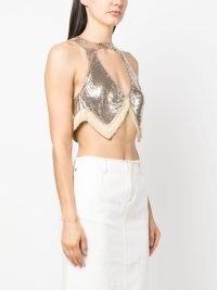 Paco Rabanne fringed silver tone metallic cut-out top / fringe hem crop tops / shimmering cutout evening fashion