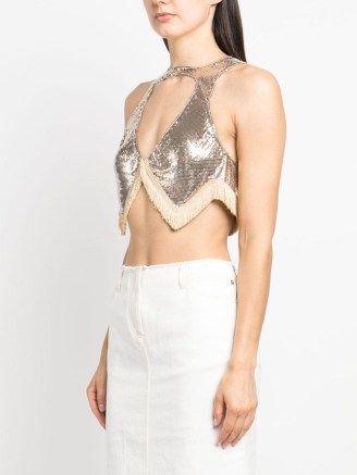 Paco Rabanne fringed silver tone metallic cut-out top / fringe hem crop tops / shimmering cutout evening fashion - flipped