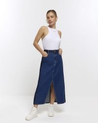 River Island PETITE BLUE PATCHWORK DENIM MAXI SKIRT | casual front split skirts
