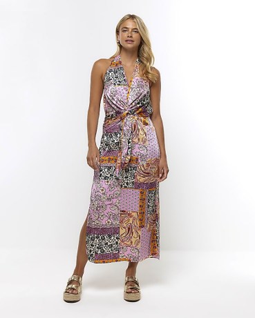 River Island PINK PAISLEY FLORAL HALTER SLIP MIDI DRESS | halterneck summer dresses | scarf print fashion - flipped