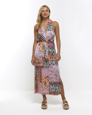 River Island PINK PAISLEY FLORAL HALTER SLIP MIDI DRESS | halterneck summer dresses | scarf print fashion