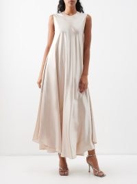 RAEY Panelled silk-satin full slip dress in light pink ~ silky sleeveless voluminous dresses ~ fluid fabric clothing ~ floaty asymmetric hemline