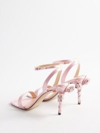 MACH & MACH Wonder 95 tulip-heel satin sandals in pink – strappy floral heels – glamorous ankle strap high heeled occasion shoes
