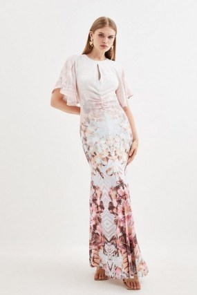 KAREN MILLEN Placed Floral Ruched Angel Sleeved Woven Maxi Dress ~ flutter sleeve fluted hem occasion dresses ~ feminine event clothes ~ open back detail ~ romantic evening fashion with cut out details - flipped