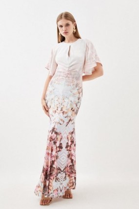 KAREN MILLEN Placed Floral Ruched Angel Sleeved Woven Maxi Dress ~ flutter sleeve fluted hem occasion dresses ~ feminine event clothes ~ open back detail ~ romantic evening fashion with cut out details