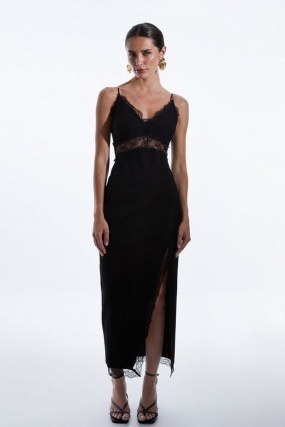 KAREN MILLEN Ponte Lace Detailed Strappy Jersey Midi Dress in Black – semi sheer skinny shoulder strap evening occasion dresses