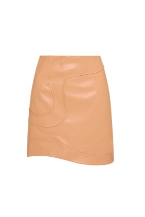 Aje. Priscilla Scalloped Mini Skirt in Sand Beige ~ asymmetric vegan leather skirts ~ luxe style fashion - flipped