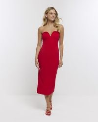 RIVER ISLAND RED PLUNGE BANDEAU BODYCON MIDI DRESS | plunging sweetheart neckline evening dresses | strapless party fashion