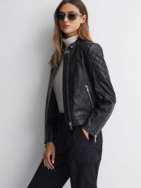 REISS ADELAIDE LEATHER COLLARLESS QUILTED JACKET in BLACK ~ women’s luxury zip detail jackets ~ womens luxe bike style outerwear