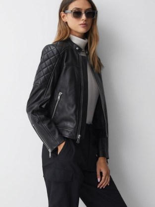 REISS ADELAIDE LEATHER COLLARLESS QUILTED JACKET in BLACK ~ women’s luxury zip detail jackets ~ womens luxe bike style outerwear - flipped