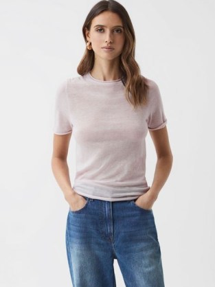 Reiss ALICIA KNITTED CREW NECK T-SHIRT in NEUTRAL | chic short sleeve tops | women’s casual luxe knits - flipped