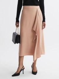 REISS ASH HIGH RISE RUFFLE MIDI SKIRT in CAMEL ~ asymmetric clothing ~ neutral drape detail skirts