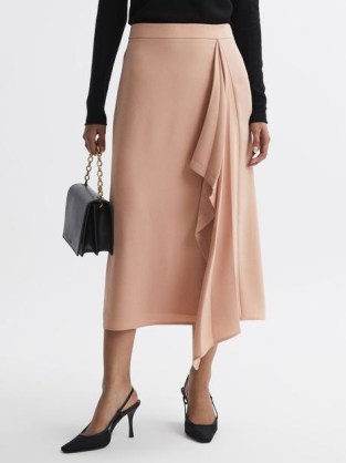 REISS ASH HIGH RISE RUFFLE MIDI SKIRT in CAMEL ~ asymmetric clothing ~ neutral drape detail skirts