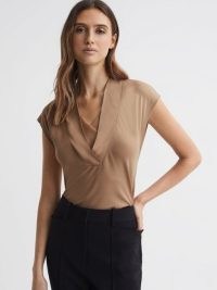 REISS BONNIE LAYERED V-NECK T-SHIRT in CAMEL ~ brown short cap sleeve tops ~ chic tee