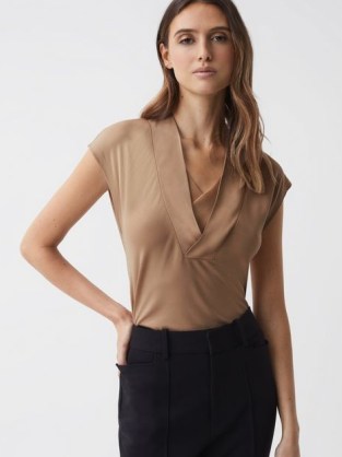REISS BONNIE LAYERED V-NECK T-SHIRT in CAMEL ~ brown short cap sleeve tops ~ chic tee - flipped