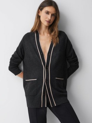 REISS CARLY CASHMERE WOOL BUTTON CARDIGAN in CHARCOAL /NUDE ~ women’s luxe patch pocket button front cardigans ~ chic knitwear - flipped