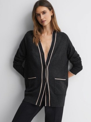 REISS CARLY CASHMERE WOOL BUTTON CARDIGAN in CHARCOAL /NUDE ~ women’s luxe patch pocket button front cardigans ~ chic knitwear