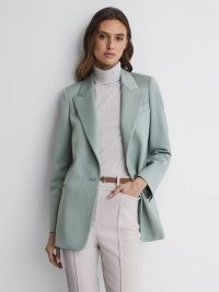 REISS CELESTE WOOL BLEND SINGLE BREASTED BLAZER in GREEN ~ women’s classic one button closure blazers ~ womens smart jackets
