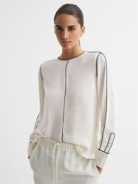 REISS ESTELLA TRIM LONG SLEEVE BLOUSE in CREAM ~ chic understated tops ~ minimalist blouses