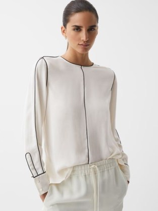 REISS ESTELLA TRIM LONG SLEEVE BLOUSE in CREAM ~ chic understated tops ~ minimalist blouses - flipped