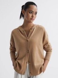 Reiss EVIE CASHMERE WOOL HOODED CARDIGAN in CAMEL | light brown drop shoulder cardigans | women’s casual luxe clothing