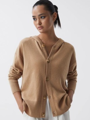 Reiss EVIE CASHMERE WOOL HOODED CARDIGAN in CAMEL | light brown drop shoulder cardigans | women’s casual luxe clothing - flipped