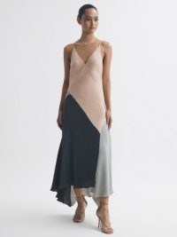 REISS HUDSON FITTED ASYMMETRIC MIDI DRESS in NUDE ~ flowing colour block slip dresses ~ strappy evening event clothing ~ asymmetrical occasion clothes