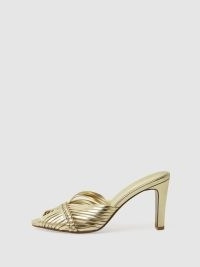 REISS IMOGEN LEATHER WOVEN HEELED MULES in Gold – glamorous metallic open toe mule sandals