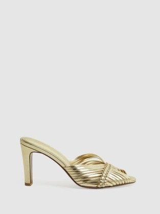 REISS IMOGEN LEATHER WOVEN HEELED MULES in Gold – glamorous metallic open toe mule sandals - flipped