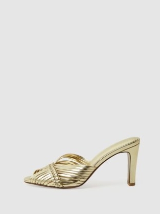 REISS IMOGEN LEATHER WOVEN HEELED MULES in Gold – glamorous metallic open toe mule sandals