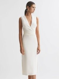 REISS JAYLA FITTED WRAP DESIGN MIDI DRESS in IVORY ~ sleeveless deep plunge pencil dresses ~ chic minimalist occasion clothes ~ understated evening event clothing