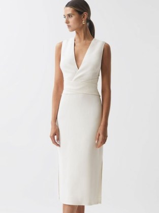 REISS JAYLA FITTED WRAP DESIGN MIDI DRESS in IVORY ~ sleeveless deep plunge pencil dresses ~ chic minimalist occasion clothes ~ understated evening event clothing - flipped