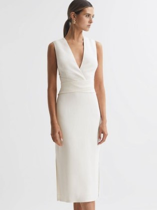 REISS JAYLA FITTED WRAP DESIGN MIDI DRESS in IVORY ~ sleeveless deep plunge pencil dresses ~ chic minimalist occasion clothes ~ understated evening event clothing