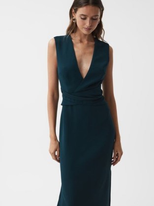 REISS JAYLA FITTED WRAP DESIGN MIDI DRESS in TEAL ~ sleeveless deep plunge pencil dresses ~ blue green occasionwear ~ occasion clothes with plunging neckline - flipped