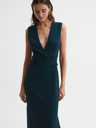 REISS JAYLA FITTED WRAP DESIGN MIDI DRESS in TEAL ~ sleeveless deep plunge pencil dresses ~ blue green occasionwear ~ occasion clothes with plunging neckline