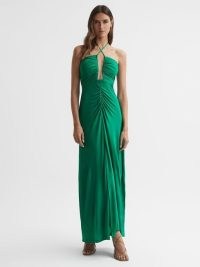 REISS LANA PLUNGE NECK HALTER MAXI DRESS ~ strappy halterneck evening gown ~ plunging ruched detail occasion dresses ~ glamorous event clothes