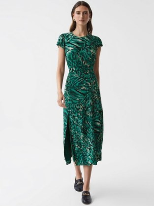 REISS LIVIA PRINTED CUT OUT FITTED MIDI DRESS in Green - flipped