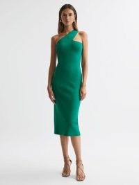 REISS LOLA KNITTED ONE SHOULDER BODYCON MIDI DRESS in GREEN – glamorous asymmetric evening occasion dresses