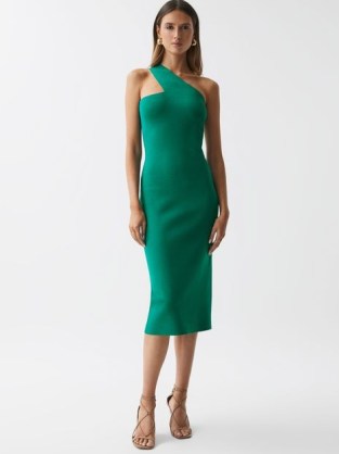 REISS LOLA KNITTED ONE SHOULDER BODYCON MIDI DRESS in GREEN – glamorous asymmetric evening occasion dresses - flipped