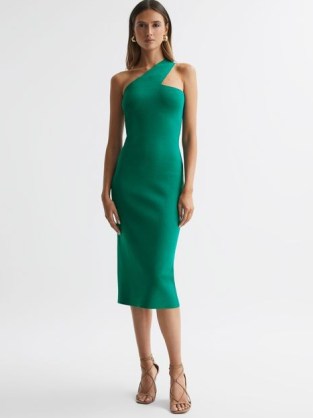 REISS LOLA KNITTED ONE SHOULDER BODYCON MIDI DRESS in GREEN – glamorous asymmetric evening occasion dresses