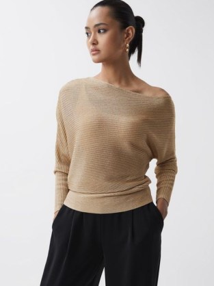 REISS LOUISA METALLIC ASYMMETRIC KNITTED TOP in Gold – glamorous knitwear – casual glamour - flipped