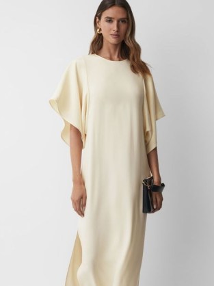 LOUISE CAPE-SLEEVE MIDI DRESS in LEMON – pale yellow dropped flutter sleeved occasion dresses ~ flowy evening event clothes - flipped
