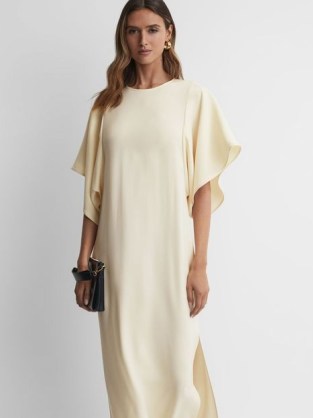 LOUISE CAPE-SLEEVE MIDI DRESS in LEMON – pale yellow dropped flutter sleeved occasion dresses ~ flowy evening event clothes