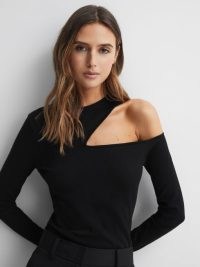 REISS LUCILLE FITTED CUT-OUT LONG SLEEVE TOP in BLACK ~ chic asymmetric cutout tops