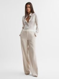 REISS MAYA MID RISE CONTRAST WIDE LEG TROUSERS in NEUTRAL ~ chic suit trouser