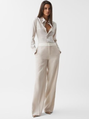 REISS MAYA MID RISE CONTRAST WIDE LEG TROUSERS in NEUTRAL ~ chic suit trouser - flipped